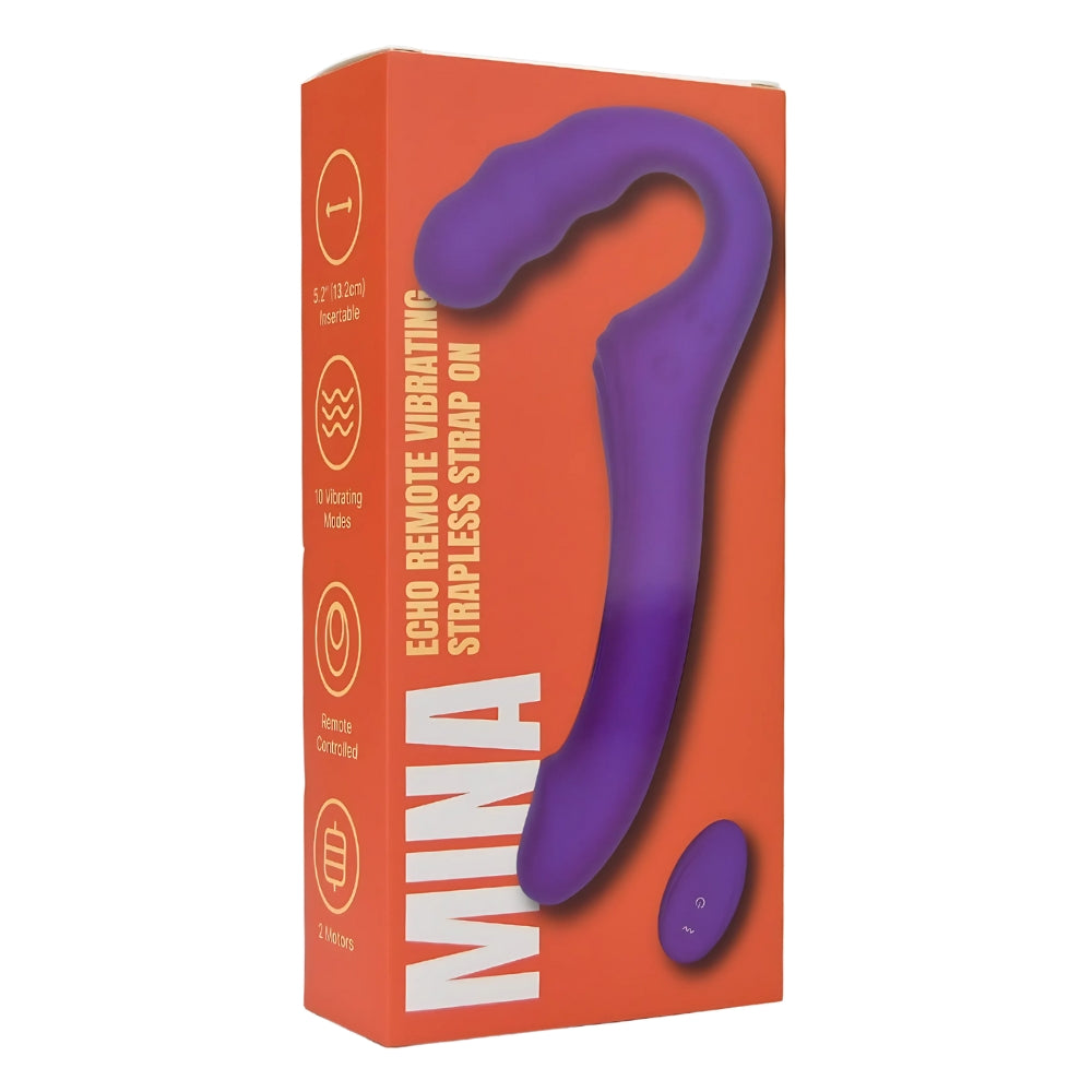 MINA remote vibrating strapless strap-on in packaging, showcasing its sleek design and versatile functionality.