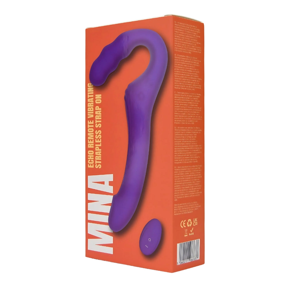 Mina Echo remote vibrating strapless strap-on in packaging, showcasing sleek design and adjustable features for comfort.