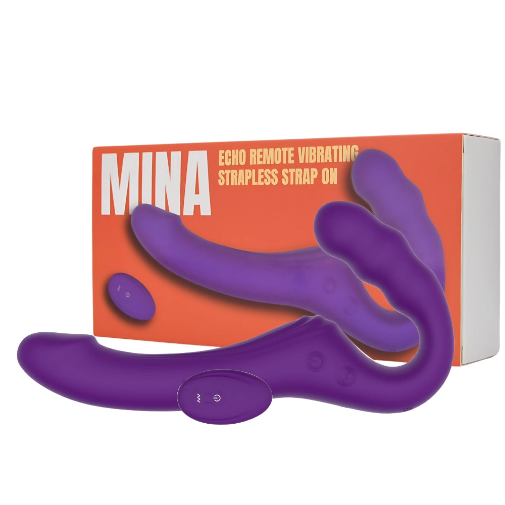 Mina Echo remote vibrating strapless strap-on showcasing its sleek design and ergonomic shape from a side view.