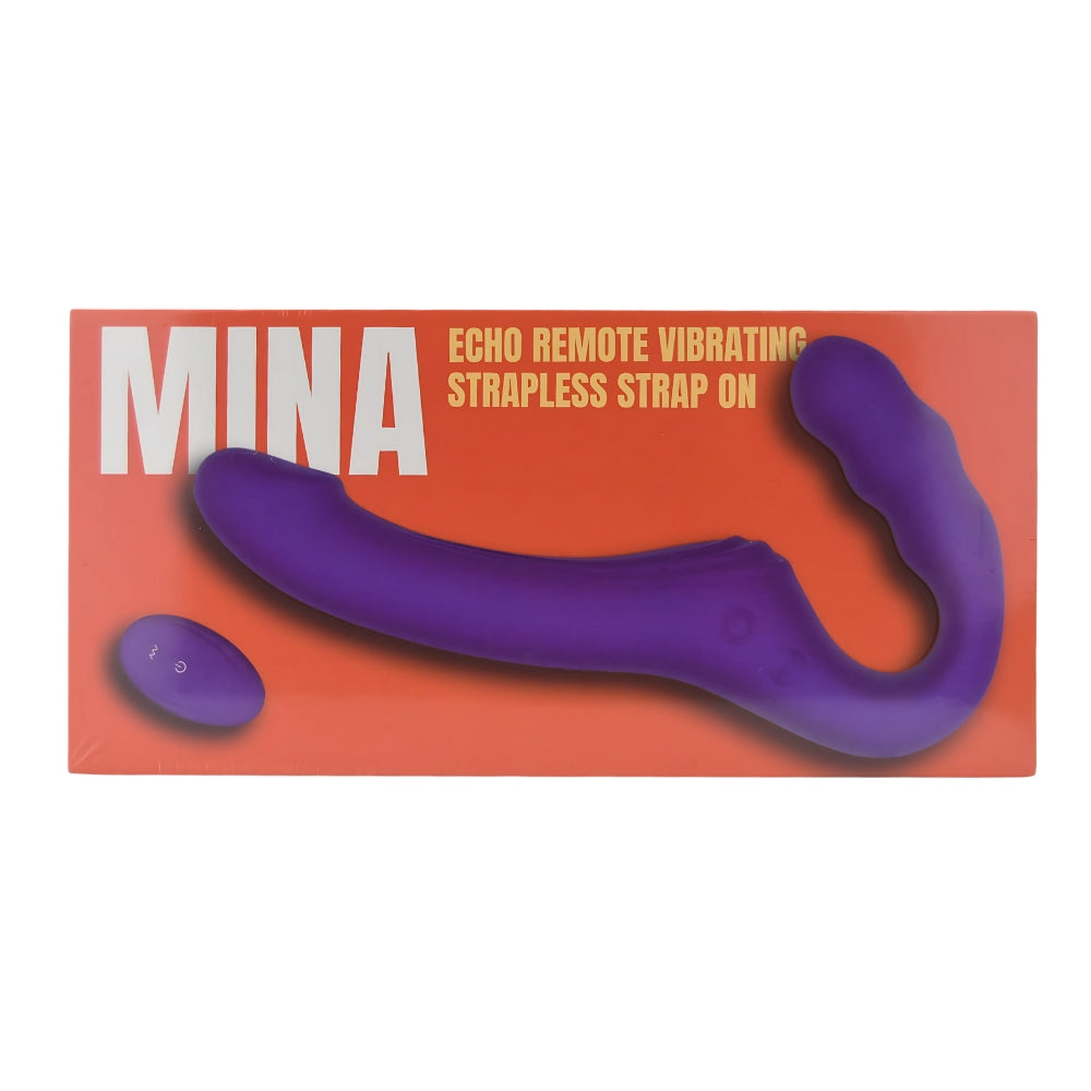 MINA remote vibrating strapless strap-on in packaging, showcasing its sleek design and ergonomic shape.