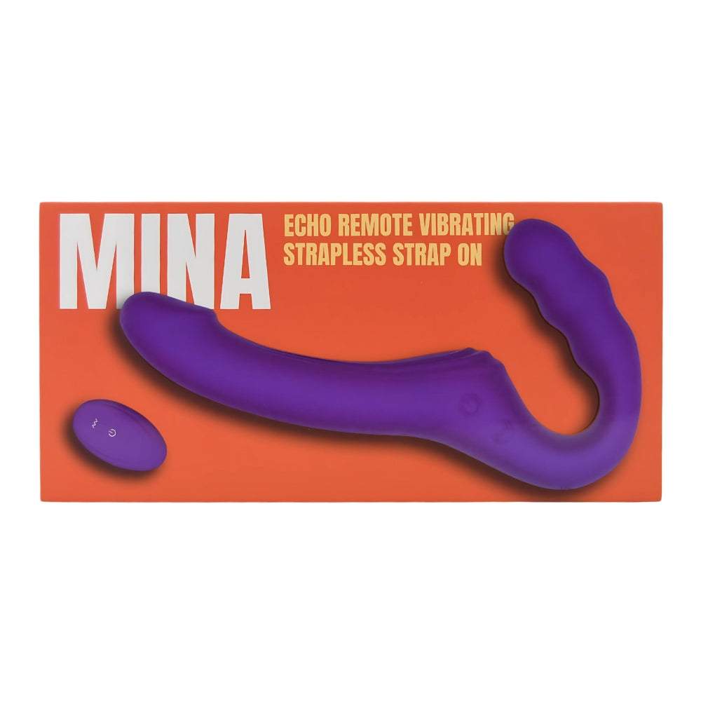 Mina Echo remote vibrating strapless strap-on with sleek design and adjustable fit, showcasing vibrant colors and textures.
