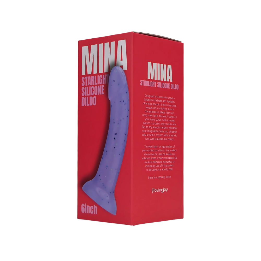 MINA Starlight silicone dildo shown in clear packaging, smooth design, and vibrant purple color, designed for adult personal use.