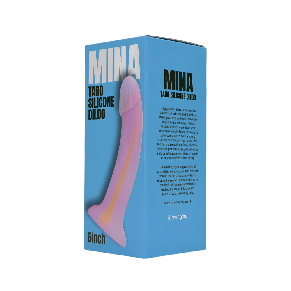 MINA Taro silicone dildo with a smooth, realistic design, shown in a packaging box.