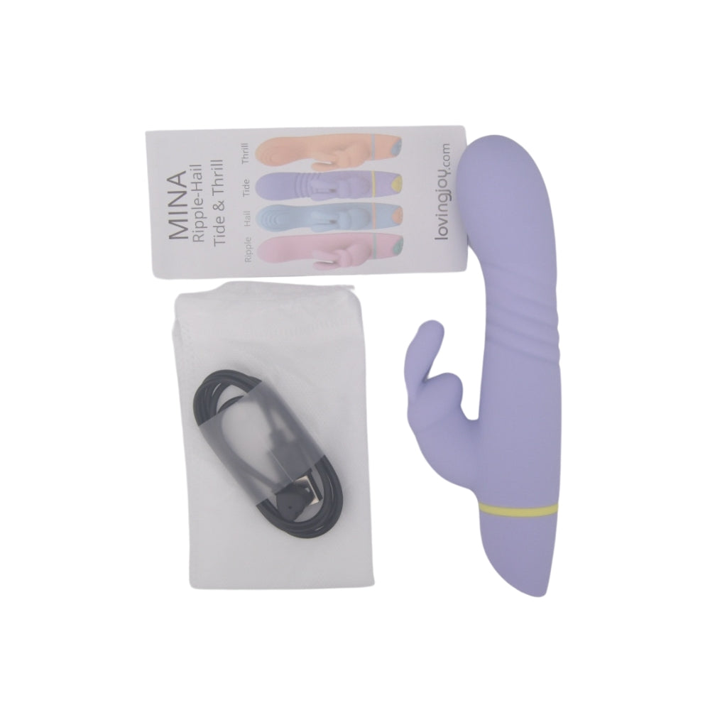 MINA Tide Thrusting Rabbit Vibrator shown inside, featuring dual motors and realistic design for enhanced pleasure and stimulation.