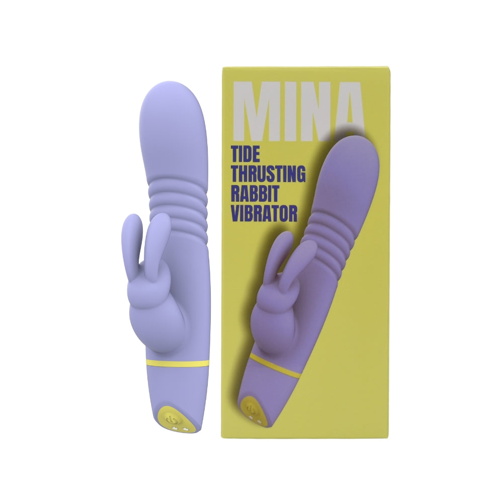 Side view of the MINA Tide Thrusting Rabbit Vibrator showing its sleek design and textured surface for targeted pleasure.