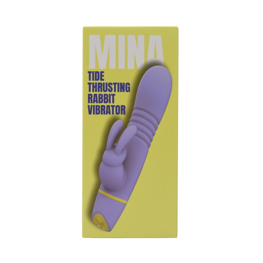 MINA Tide Thrusting Rabbit Vibrator, pink silicone sex toy with dual stimulation, textured shaft, and adjustable settings.