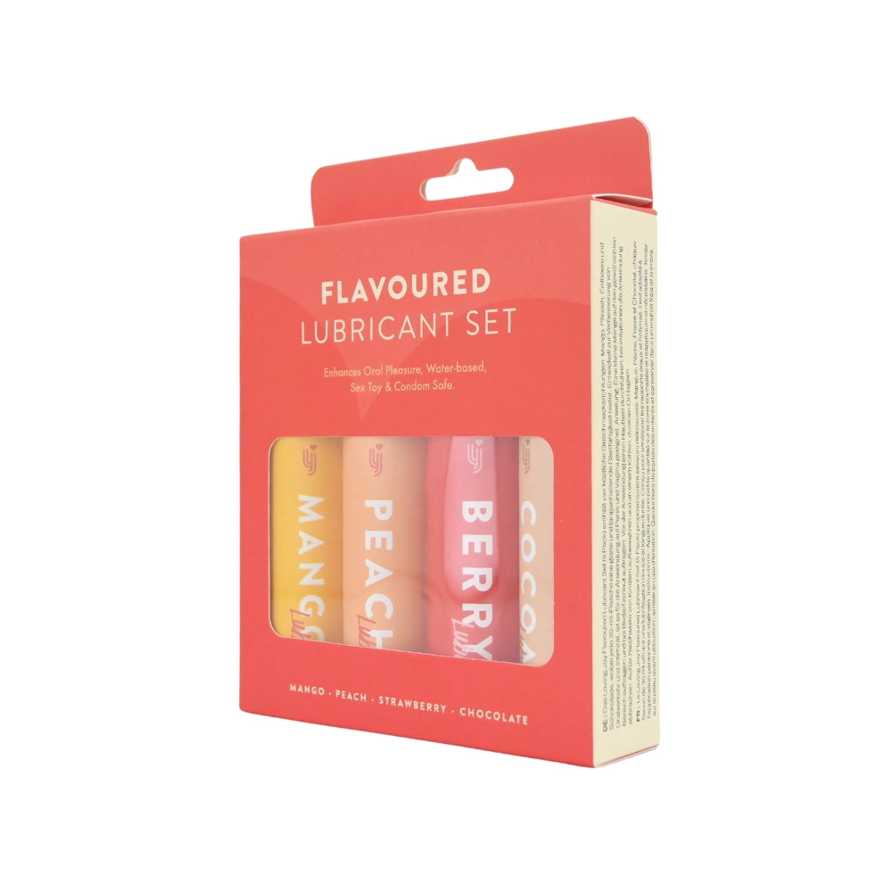 Intimi Loving Joy flavoured lubricant set with four small bottles, designed for intimate use and enhancing pleasure.