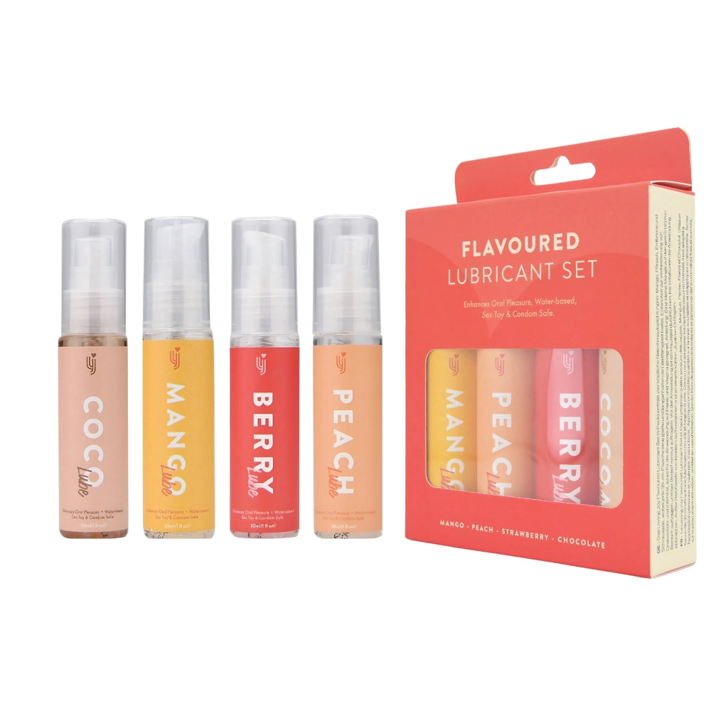 Intimi Loving Joy flavored lubricant set in a 4-pack, featuring small bottles with colorful labels for sensual massage and intimacy.