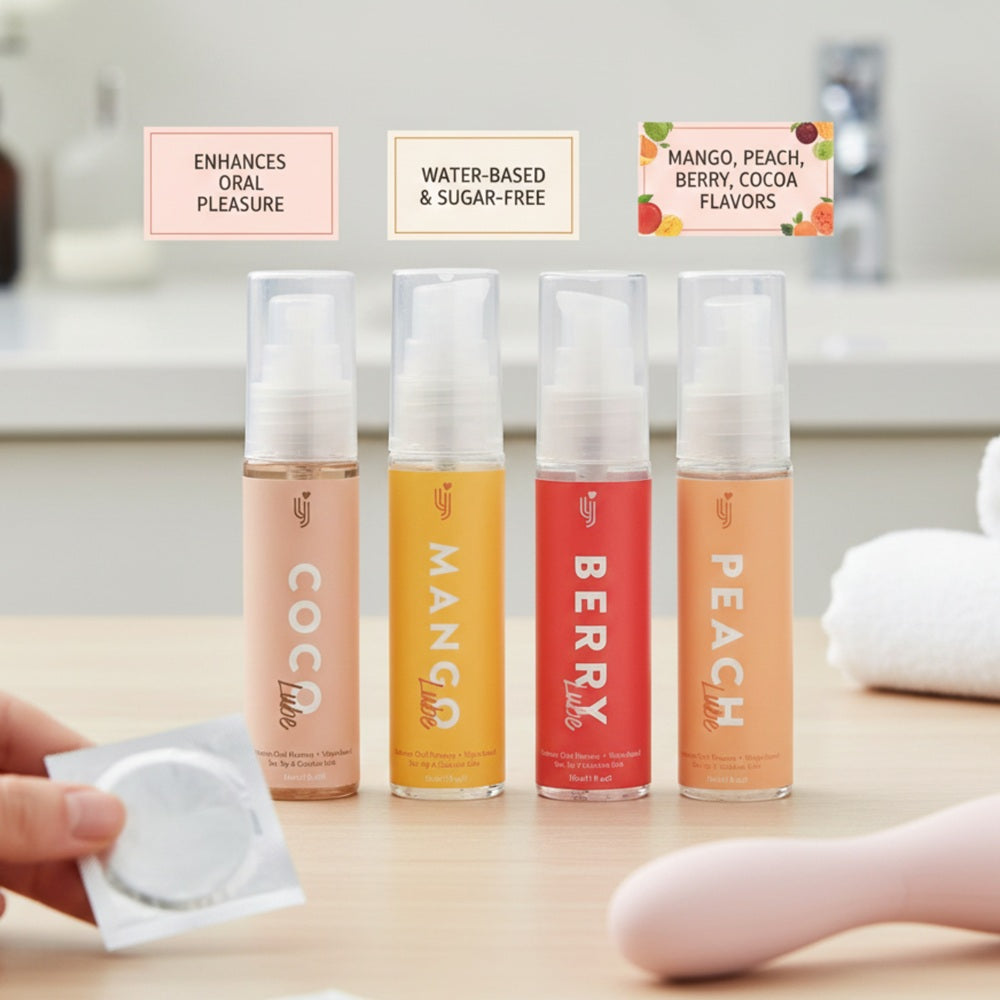Intimi Loving Joy flavored lubricant set with four bottles, featuring anal beads in a sleek, colorful design for intimate use.