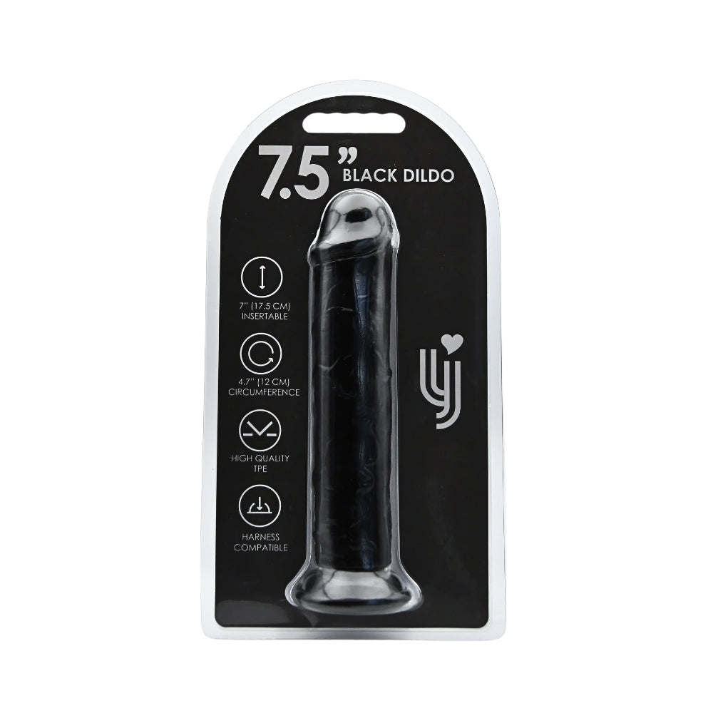 Black Loving Joy 7.5-inch suction cup dildo resting on a surface, showcasing its realistic design and sturdy suction base.