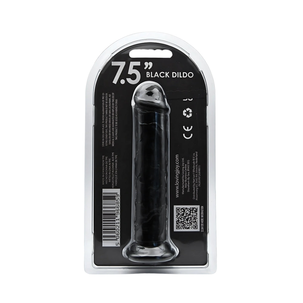Black Loving Joy 7.5-inch suction cup dildo, silicone adult toy with textured shaft for added stimulation.