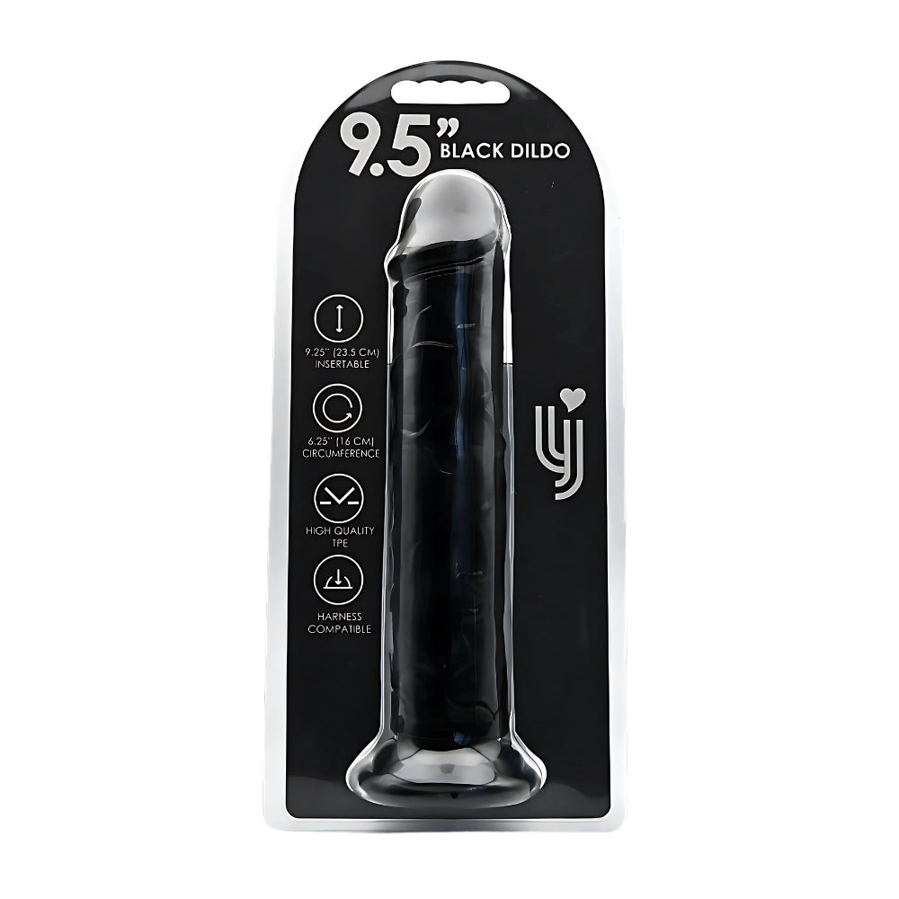 Loving Joy 9.5-inch black suction cup dildo showcasing realistic design and sturdy base for hands-free use.