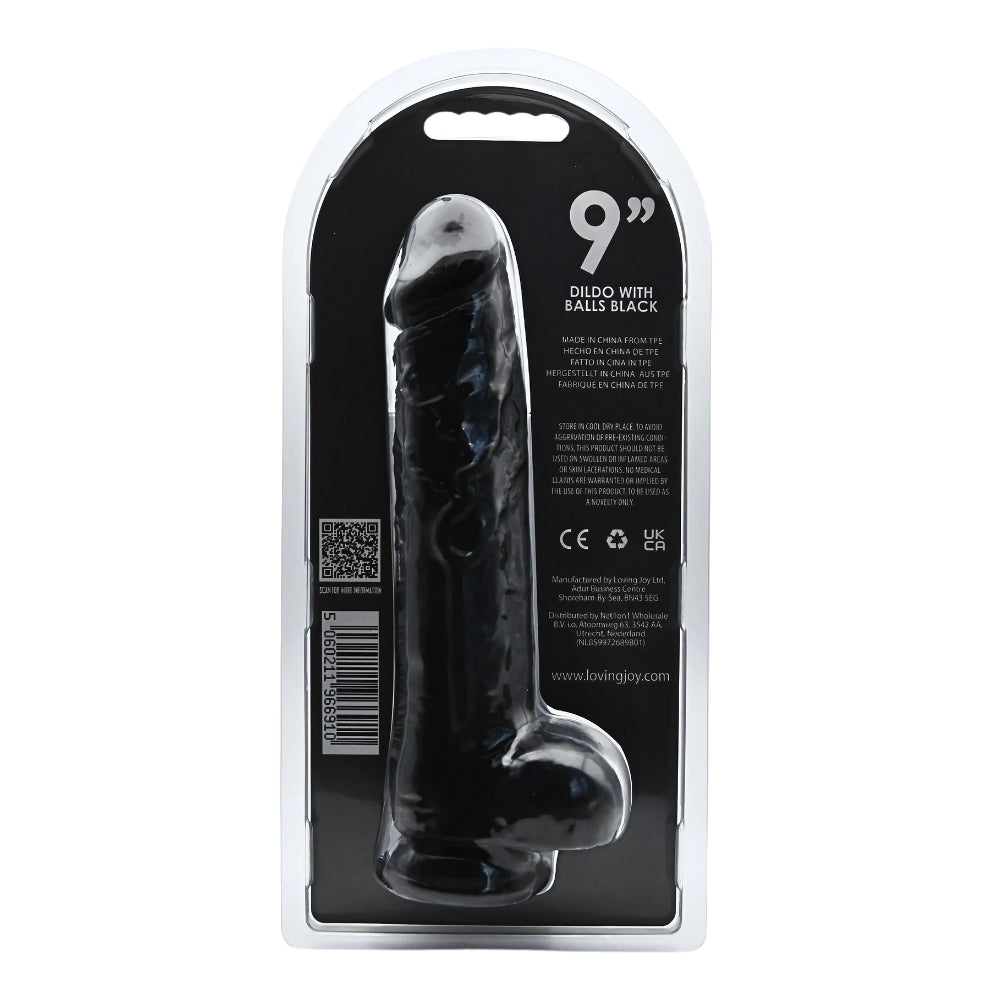 Loving Joy 9 inch black dildo with realistic balls, featuring a lifelike design for enhanced pleasure and stimulation.