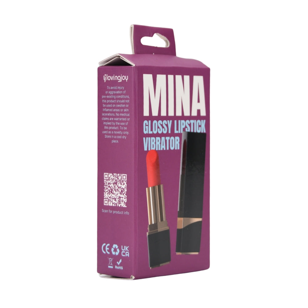 MINA glossy lipstick-shaped clitoral vibrator, compact and discreet, with a shiny finish and realistic lipstick design.