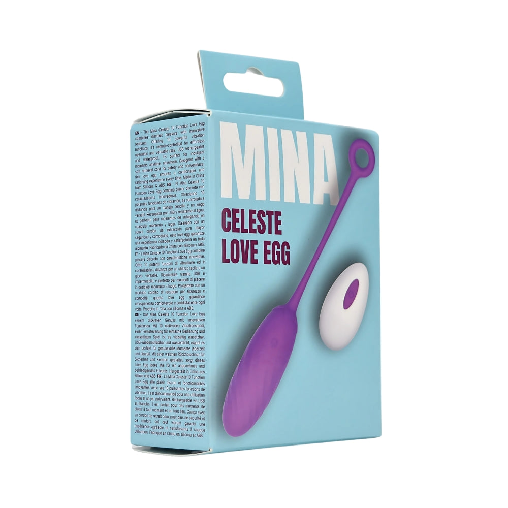 MINA Celeste 10 Function Love Egg in packaging, small discreet adult pleasure device with multiple settings for comfort and stimulation.
