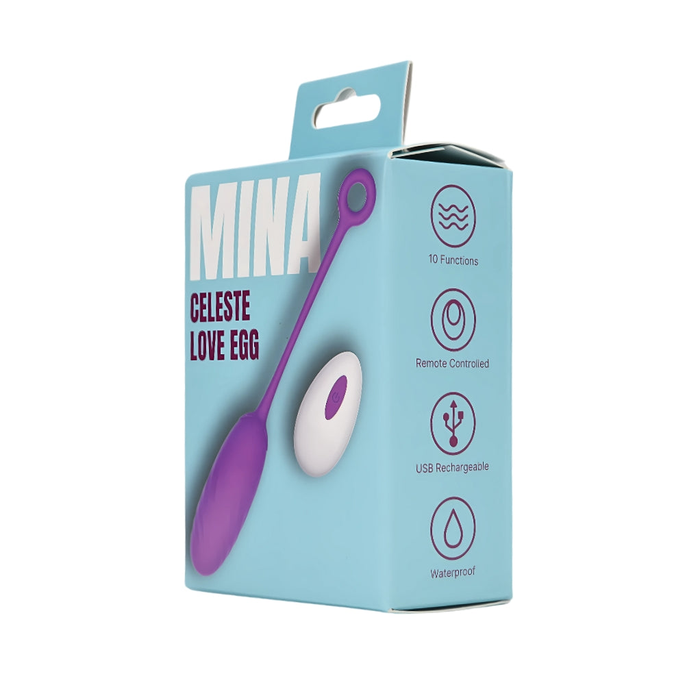 MINA Celeste 10-function love egg, compact pleasure device with multiple settings, shown in packaging with sleek design.