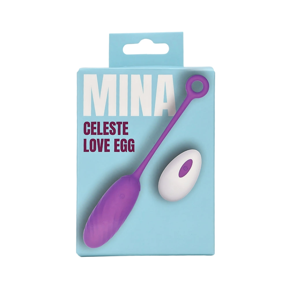 MINA Celeste 10 Function Love Egg, discreet adult pleasure device with multiple vibration settings, shown in packaging.