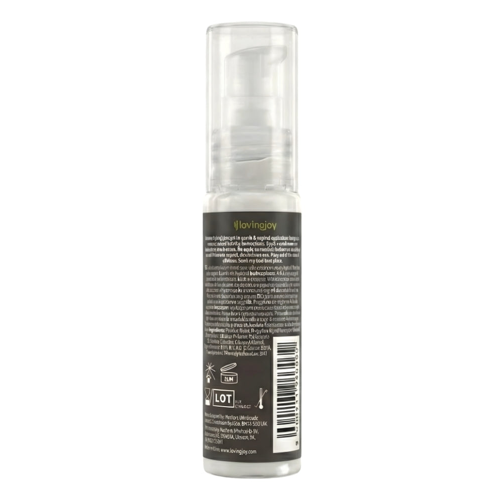Loving Joy Silk Hybrid Lubricant 30ml bottle, smooth silky lubricant from Loving Joy Lubricants, shown in clear container.