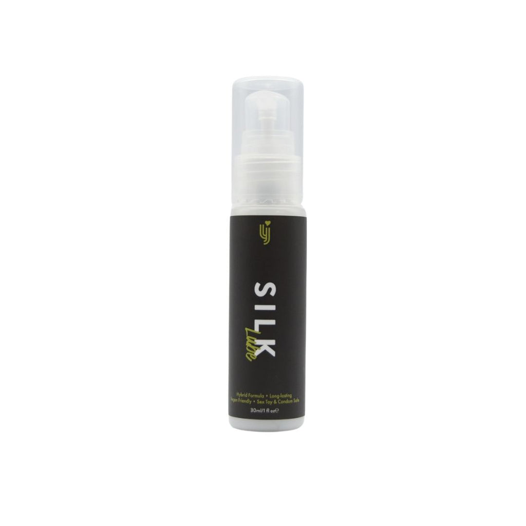 Loving Joy Silk Hybrid Lubricant 30ml bottle showing smooth, clear liquid inside a sleek, transparent container.
