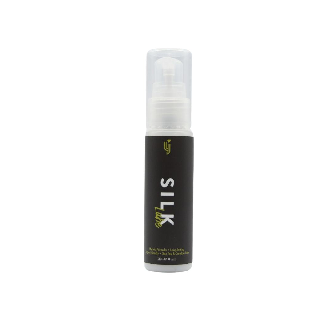 Loving Joy Silk Hybrid Lubricant 30ml bottle showing smooth, clear liquid inside a sleek, transparent container.