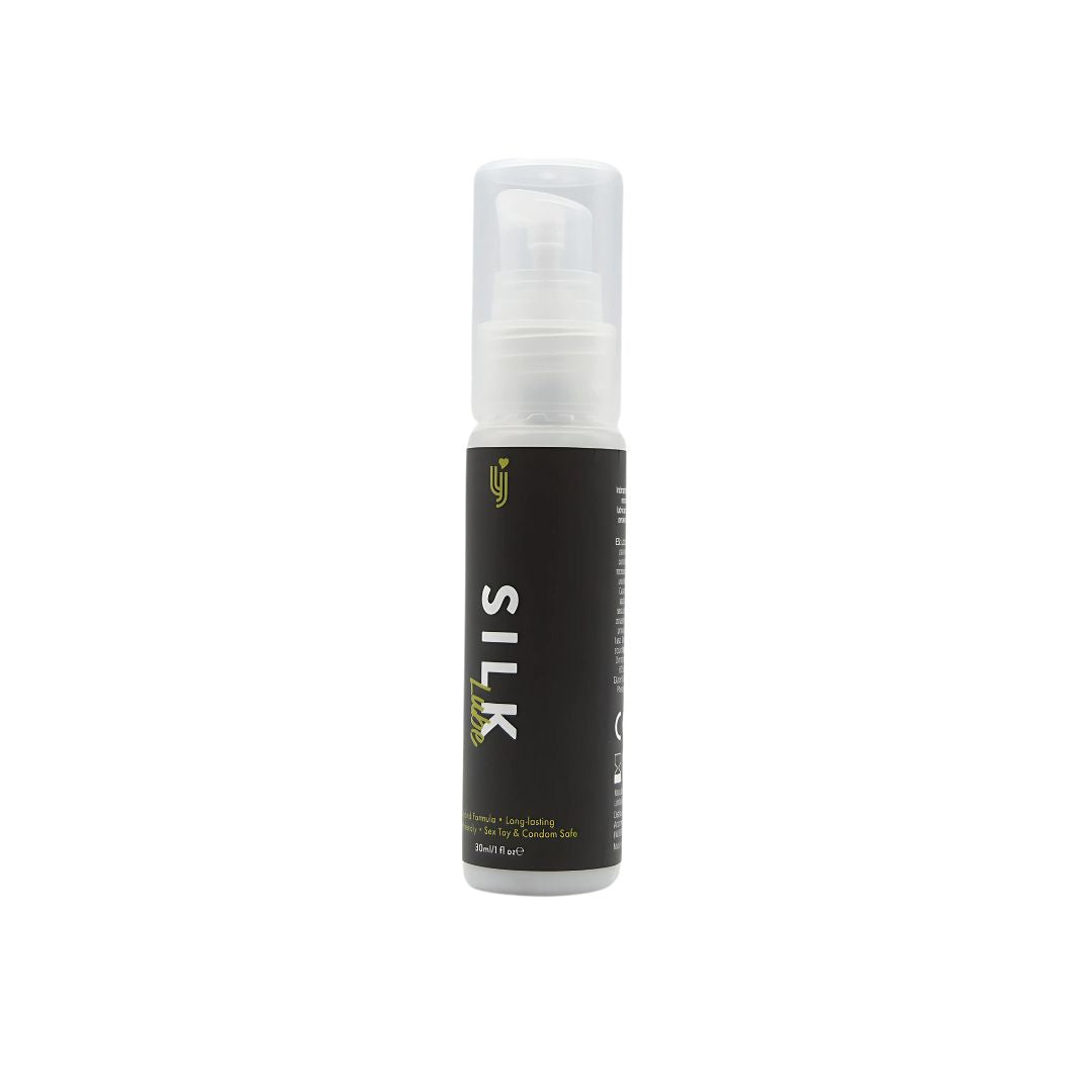 Loving Joy Silk Hybrid Lubricant 30ml bottle showing smooth, clear liquid in sleek container for intimate use.