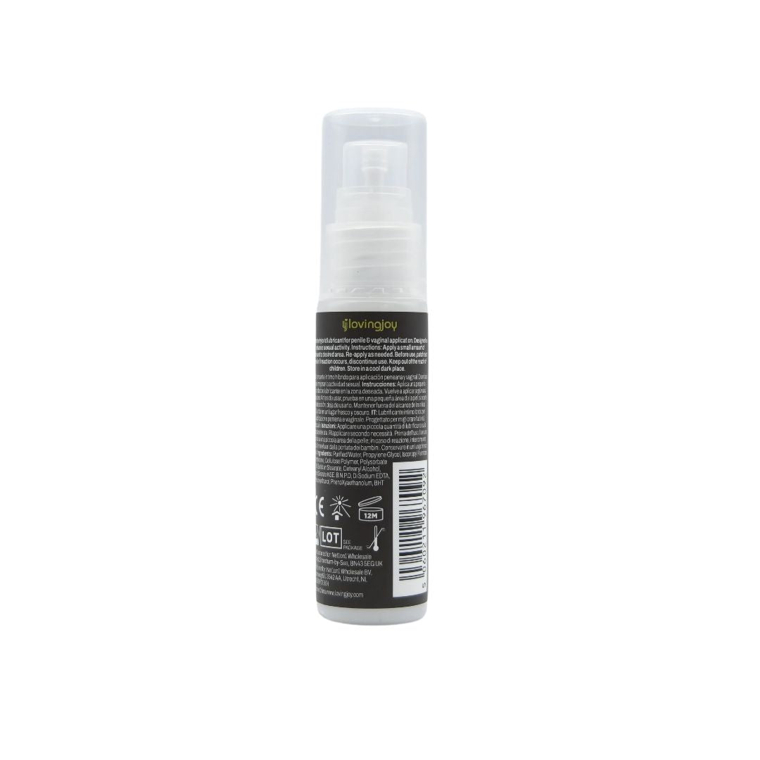 Loving Joy Silk Hybrid Lubricant 30ml bottle showing smooth, clear liquid inside a sleek container for enhanced intimacy.
