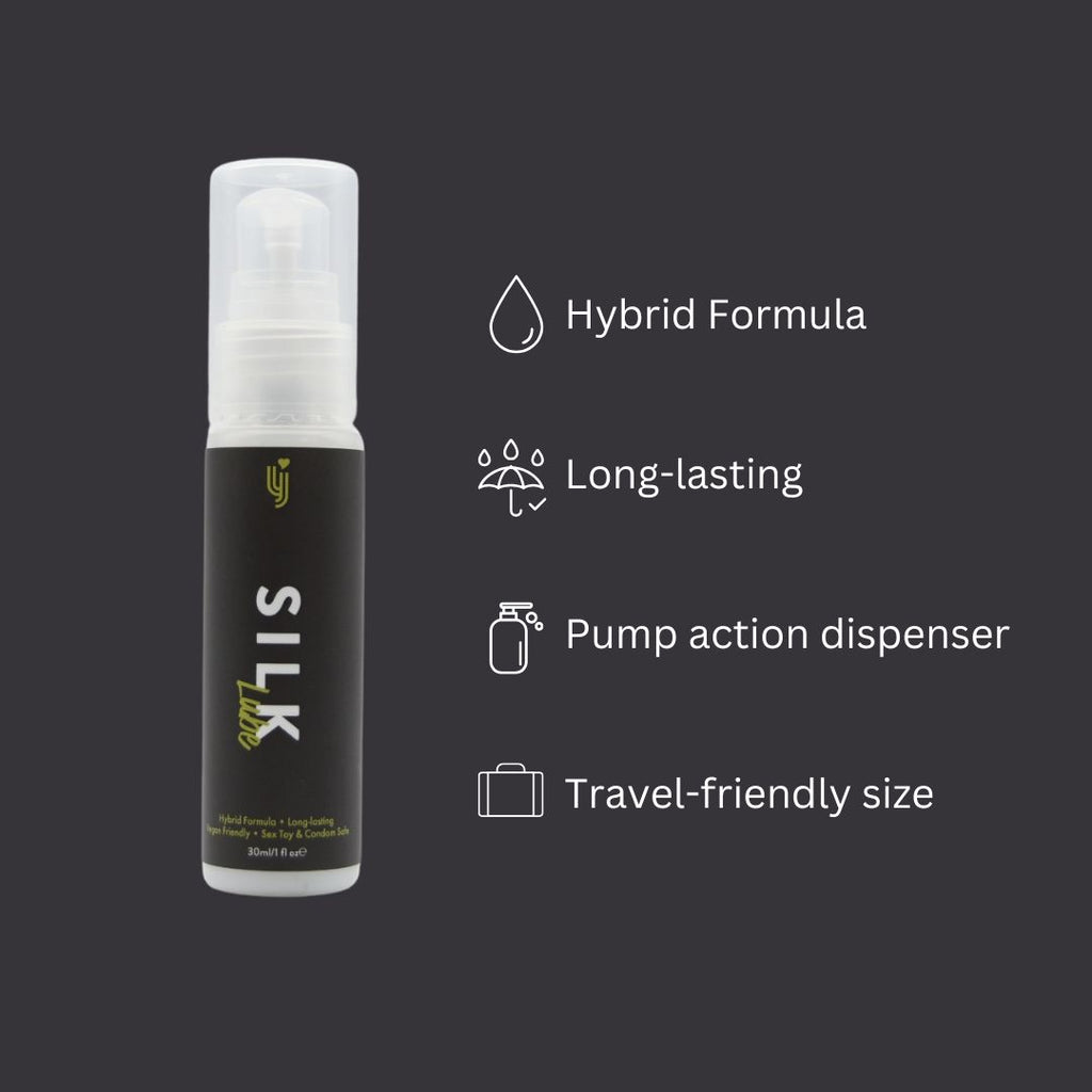 Loving Joy Silk Hybrid Lubricant 30ml bottle, smooth and silky personal lubricant from Loving Joy Lubricants, shown in the image.