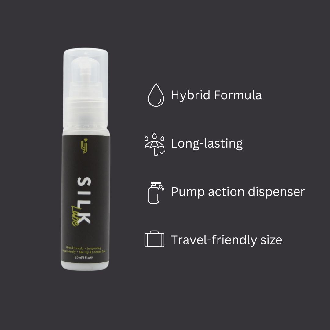 Loving Joy Silk Hybrid Lubricant 30ml bottle, smooth and silky personal lubricant from Loving Joy Lubricants, shown in the image.