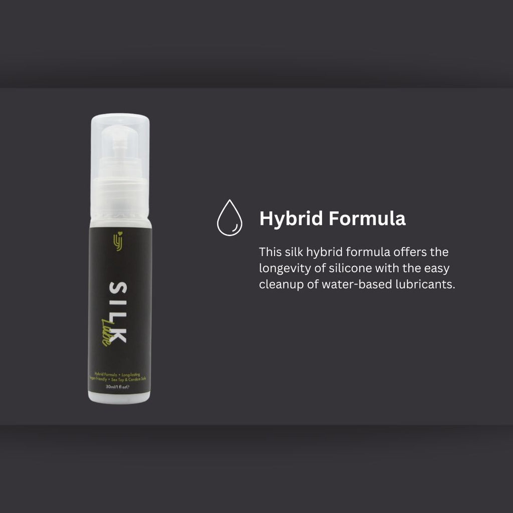 Loving Joy Silk Hybrid Lubricant 30ml bottle, clear liquid lubricant in a small plastic container with a white cap.