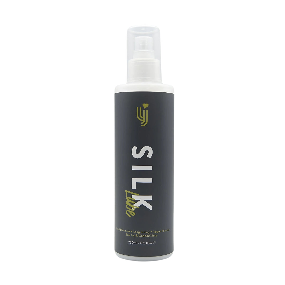 Loving Joy Silk Hybrid Lubricant 250ml bottle with a sleek design, showcasing its smooth texture and easy-to-use cap.