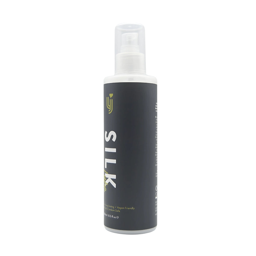 Loving Joy Silk Hybrid Lubricant 250ml bottle with a sleek design, perfect for enhancing intimate experiences.