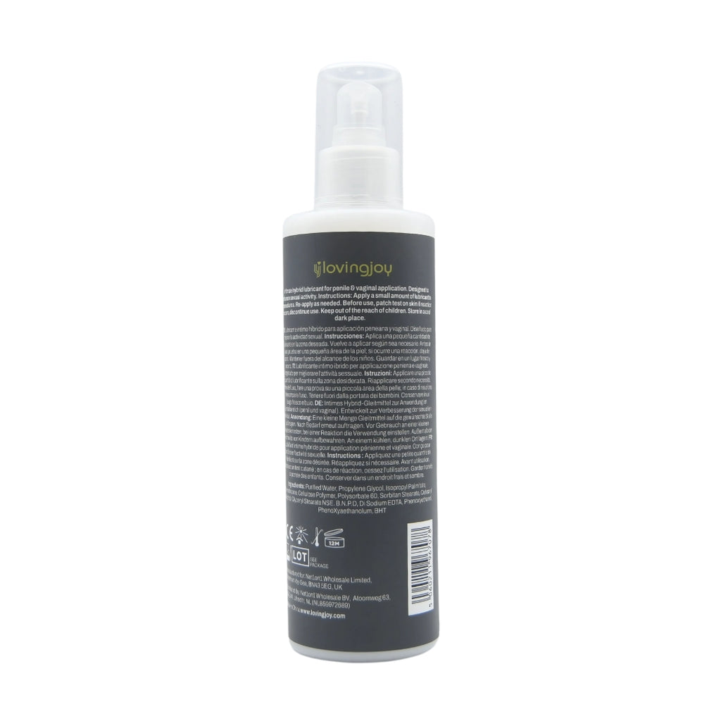 Loving Joy Silk Hybrid Lubricant 250ml bottle featuring a sleek design and label, ideal for enhancing intimacy.