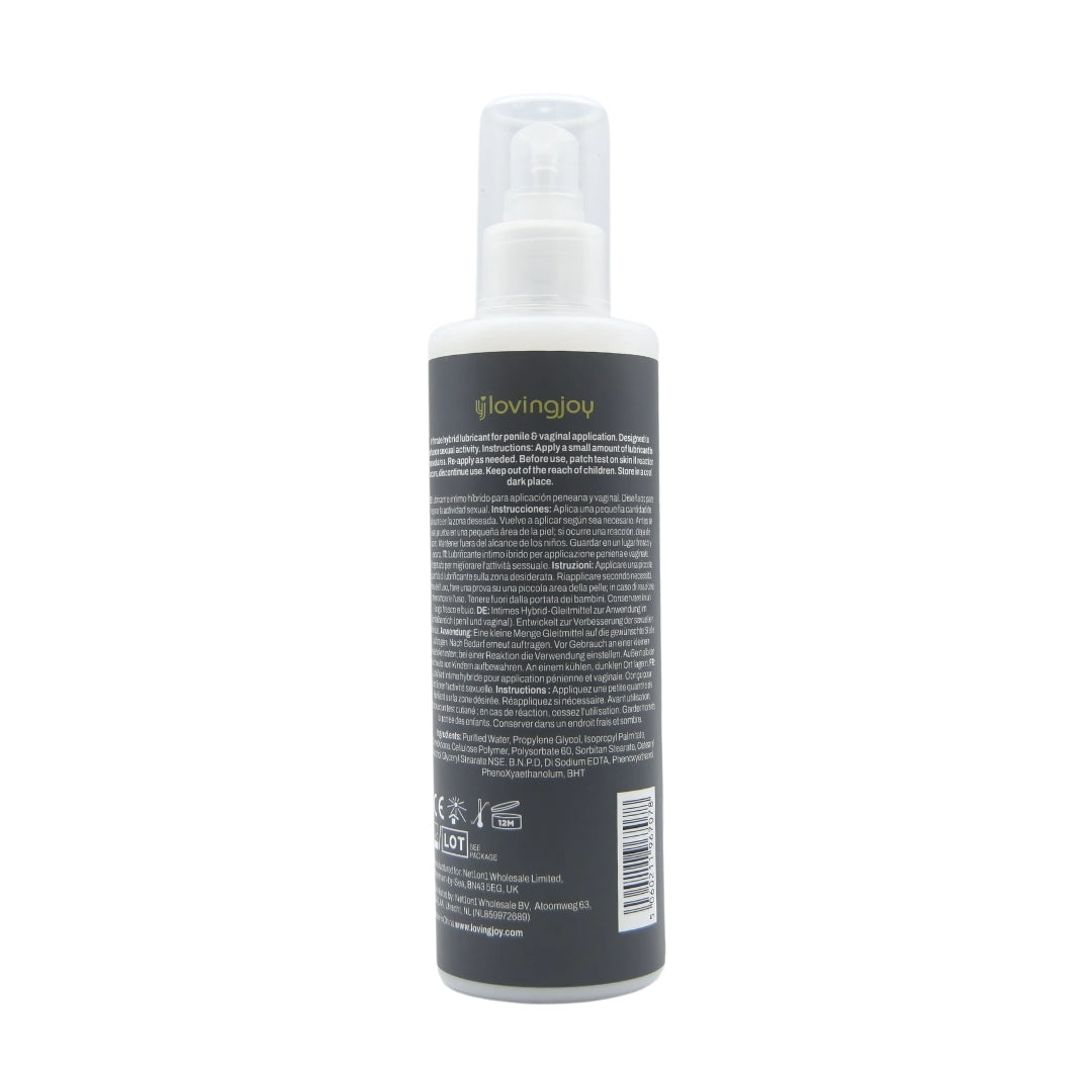 Loving Joy Silk Hybrid Lubricant 250ml bottle featuring a sleek design and label, ideal for enhancing intimacy.