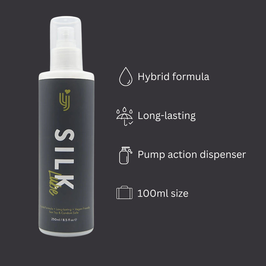 Loving Joy Silk Hybrid Lubricant 250ml bottle with a sleek design and easy-pump dispenser on a clean surface.