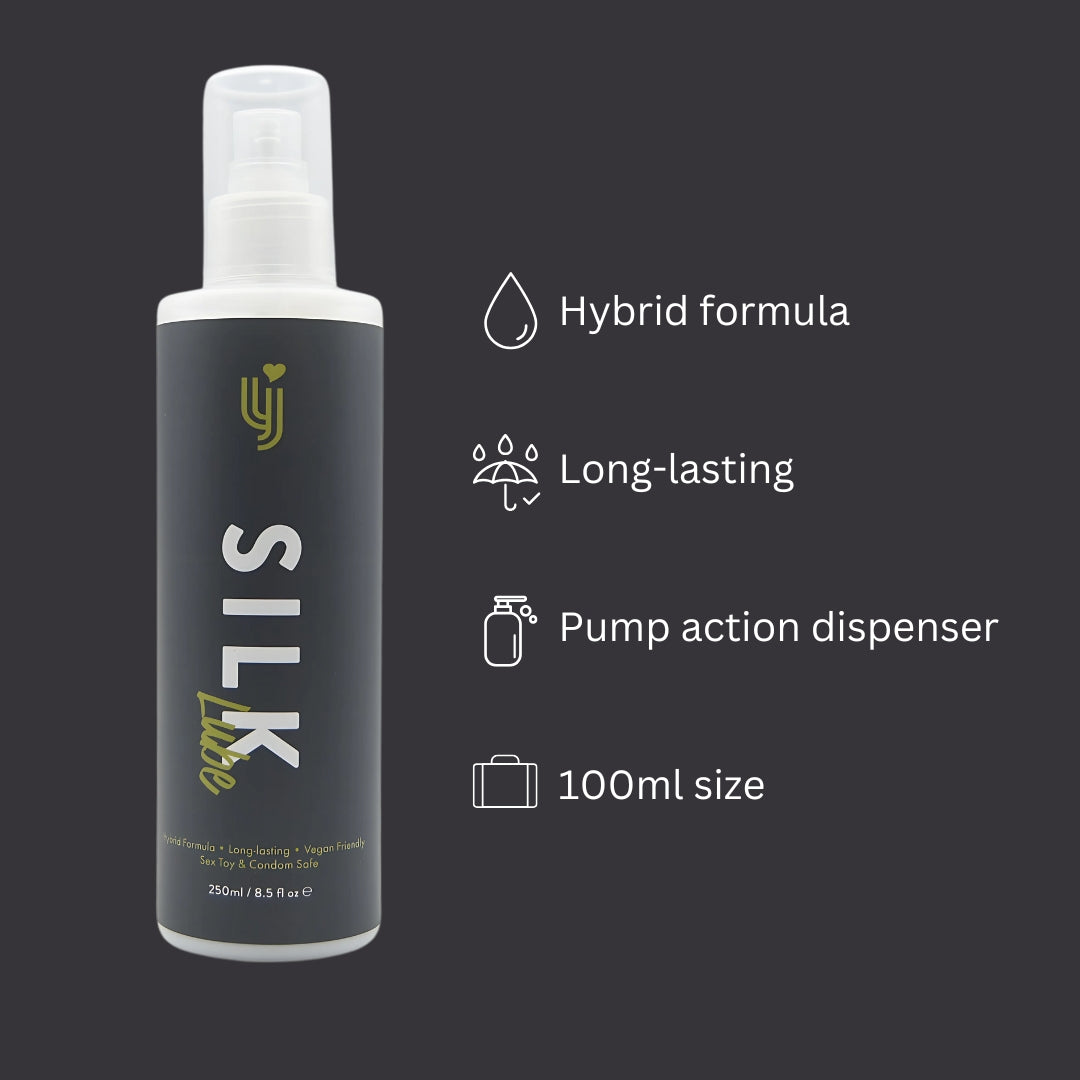 Loving Joy Silk Hybrid Lubricant 250ml bottle with a sleek design and easy-pump dispenser on a clean surface.