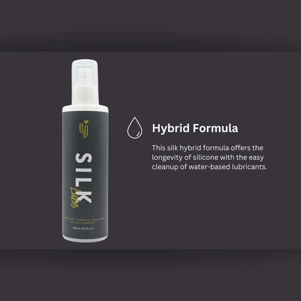 Loving Joy Silk Hybrid Lubricant 250ml bottle with a sleek design, ideal for enhancing intimacy and comfort.