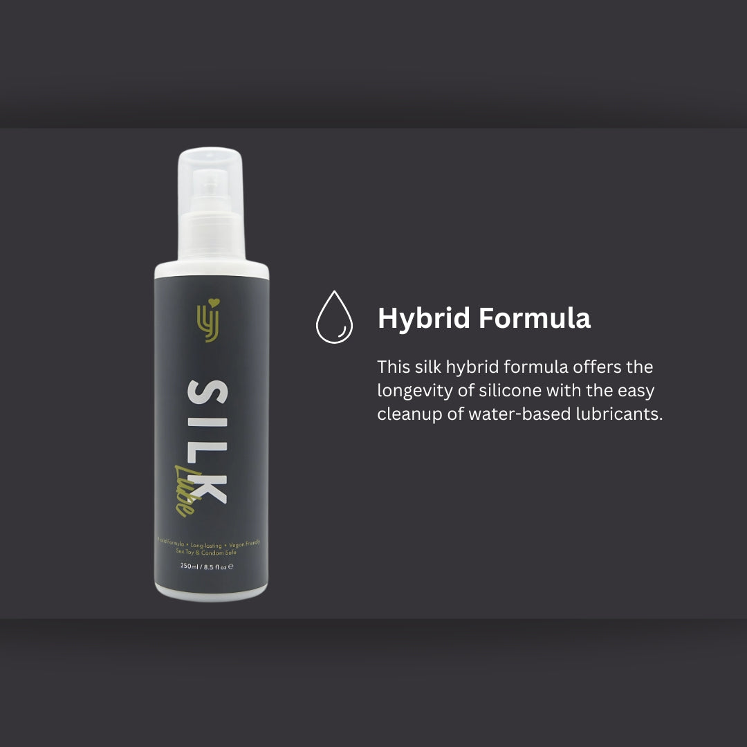 Loving Joy Silk Hybrid Lubricant 250ml bottle with a sleek design, ideal for enhancing intimacy and comfort.