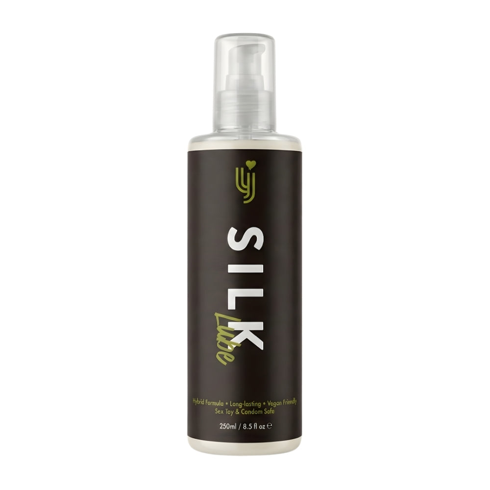 Loving Joy Silk Hybrid Lubricant 250ml bottle with a sleek design and easy-to-use cap on a neutral background.