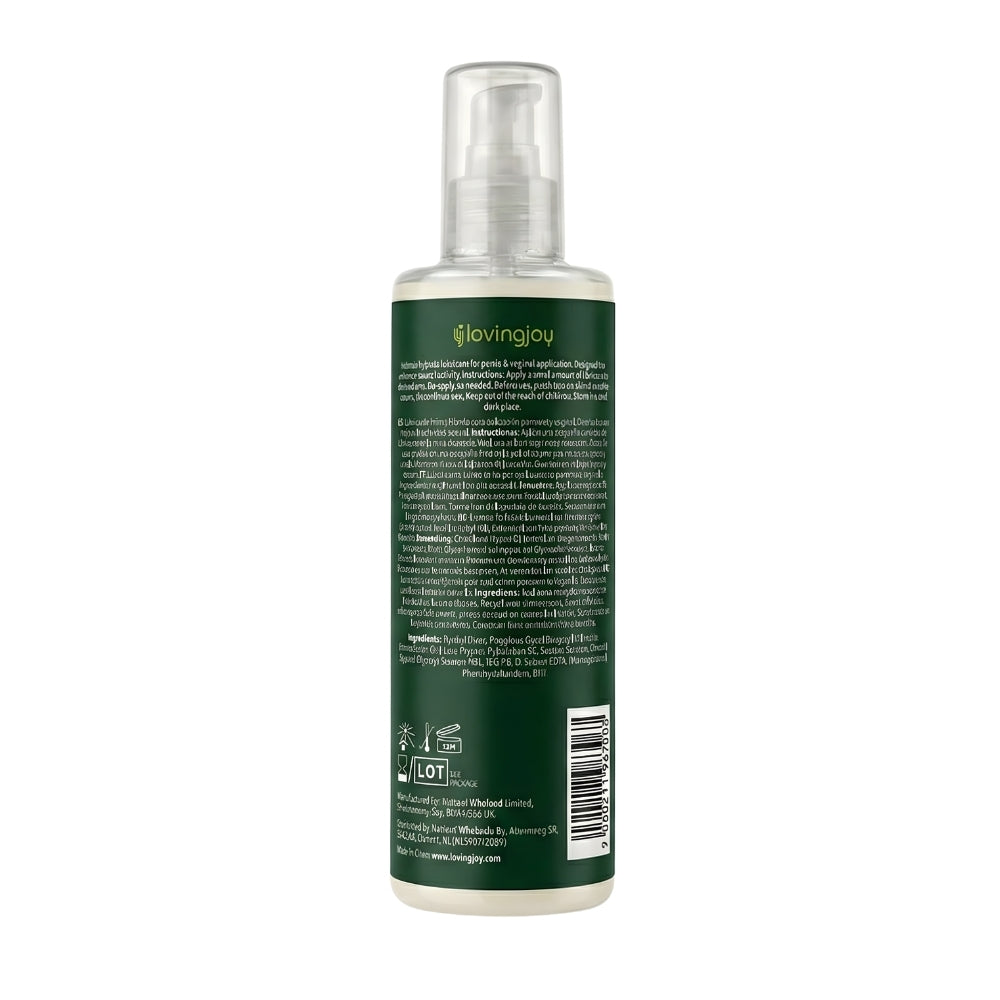 Loving Joy Silk Hybrid Lubricant 250ml bottle with a sleek design, showcasing a clear liquid inside.
