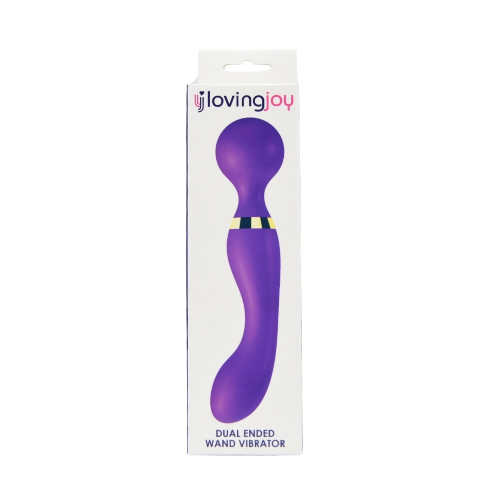 Loving Joy dual-ended wand vibrator with ergonomic design and textured surface, shown in packaging.