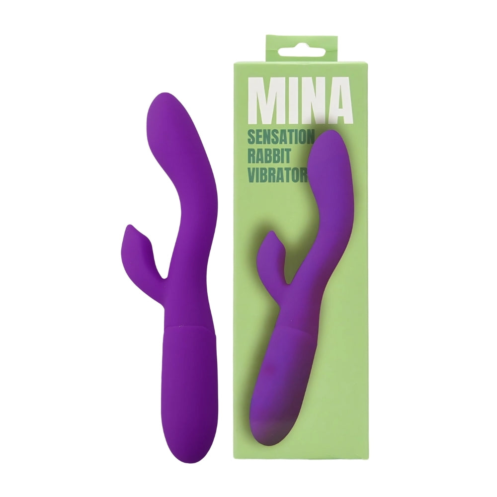 MINA Sensation Rabbit Vibrator with dual motors and sleek design, showcasing soft silicone and ergonomic shape.