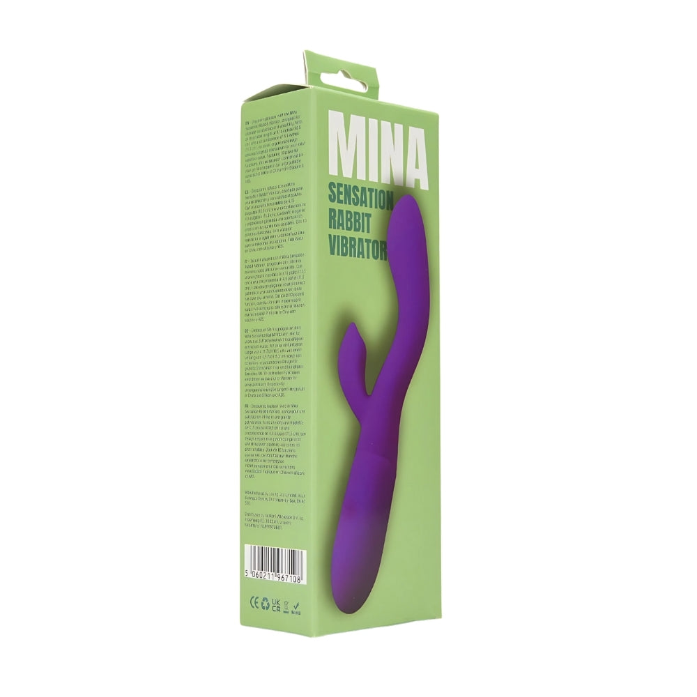 Mina Sensation Rabbit Vibrator in packaging, showcasing a sleek design with dual stimulation features.
