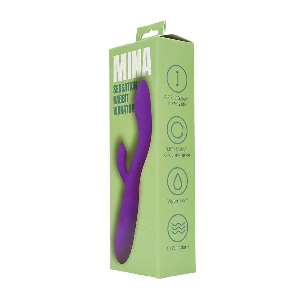 Mina Sensation Rabbit Vibrator in packaging, featuring dual action and sleek design for enhanced pleasure.