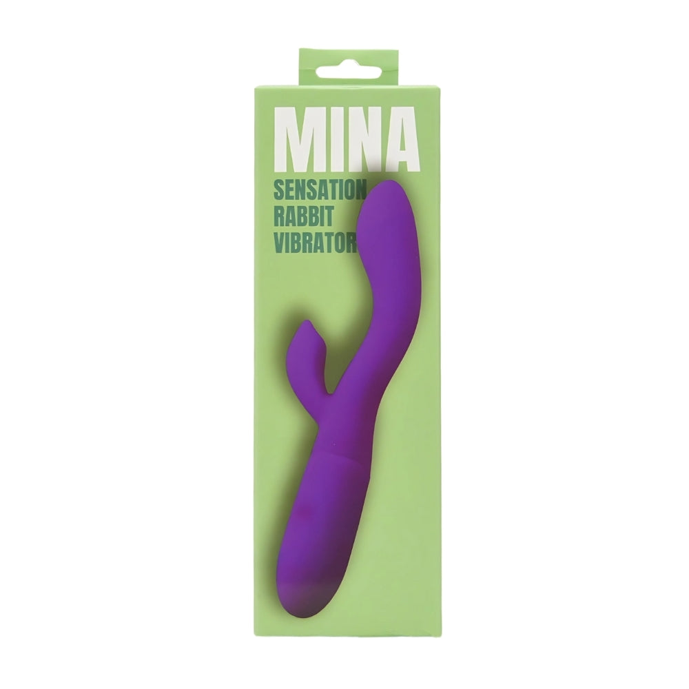 Mina Sensation Rabbit Vibrator in vibrant purple, showcasing its dual stimulation design and smooth silicone texture.