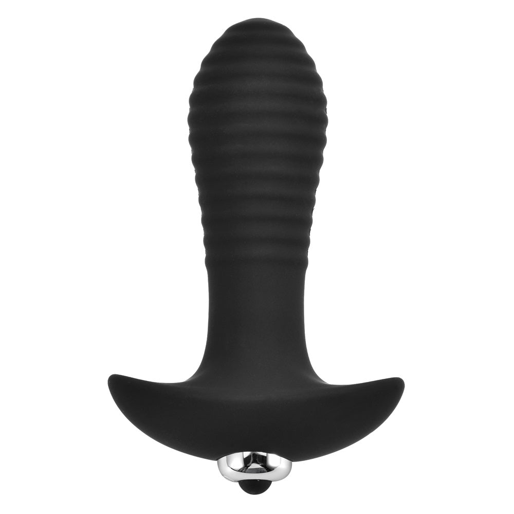 Loving Joy Swirl 7-Function Vibrating Butt Plug shown in purple with swirl design and control button for multiple vibration settings.