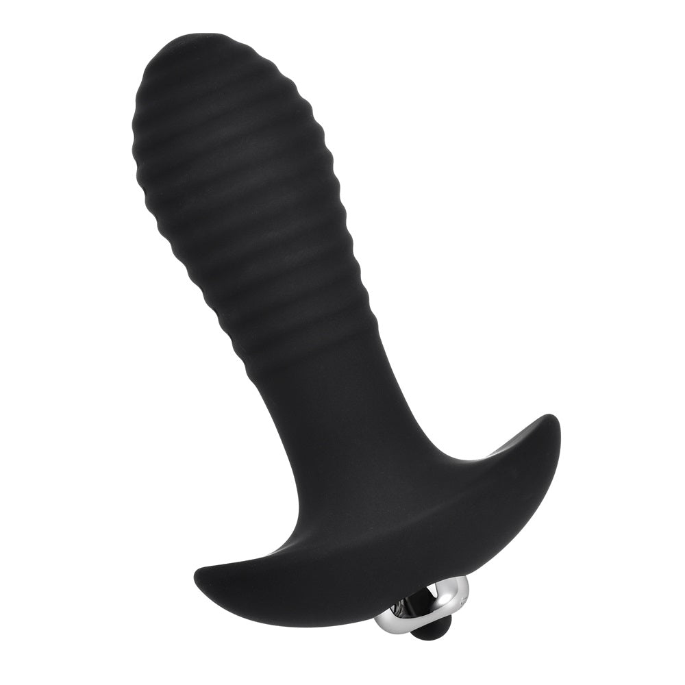 Loving Joy Swirl 7-function vibrating butt plug, smooth silicone design with swirl pattern, used for anal stimulation.