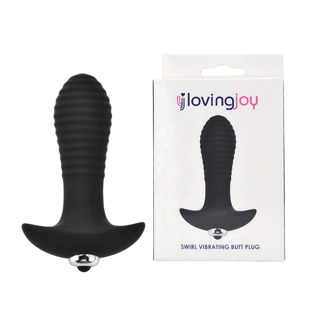 Loving Joy Swirl 7-function vibrating butt plug with textured design, silicone material, and control button for multiple sensations.