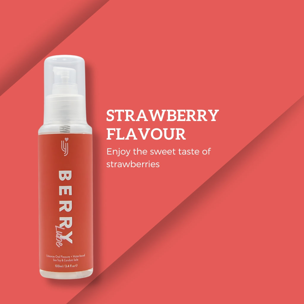 Loving Joy Strawberry Flavored Lubricant 100ml bottle with pink cap and clear body, showcasing the product label.
