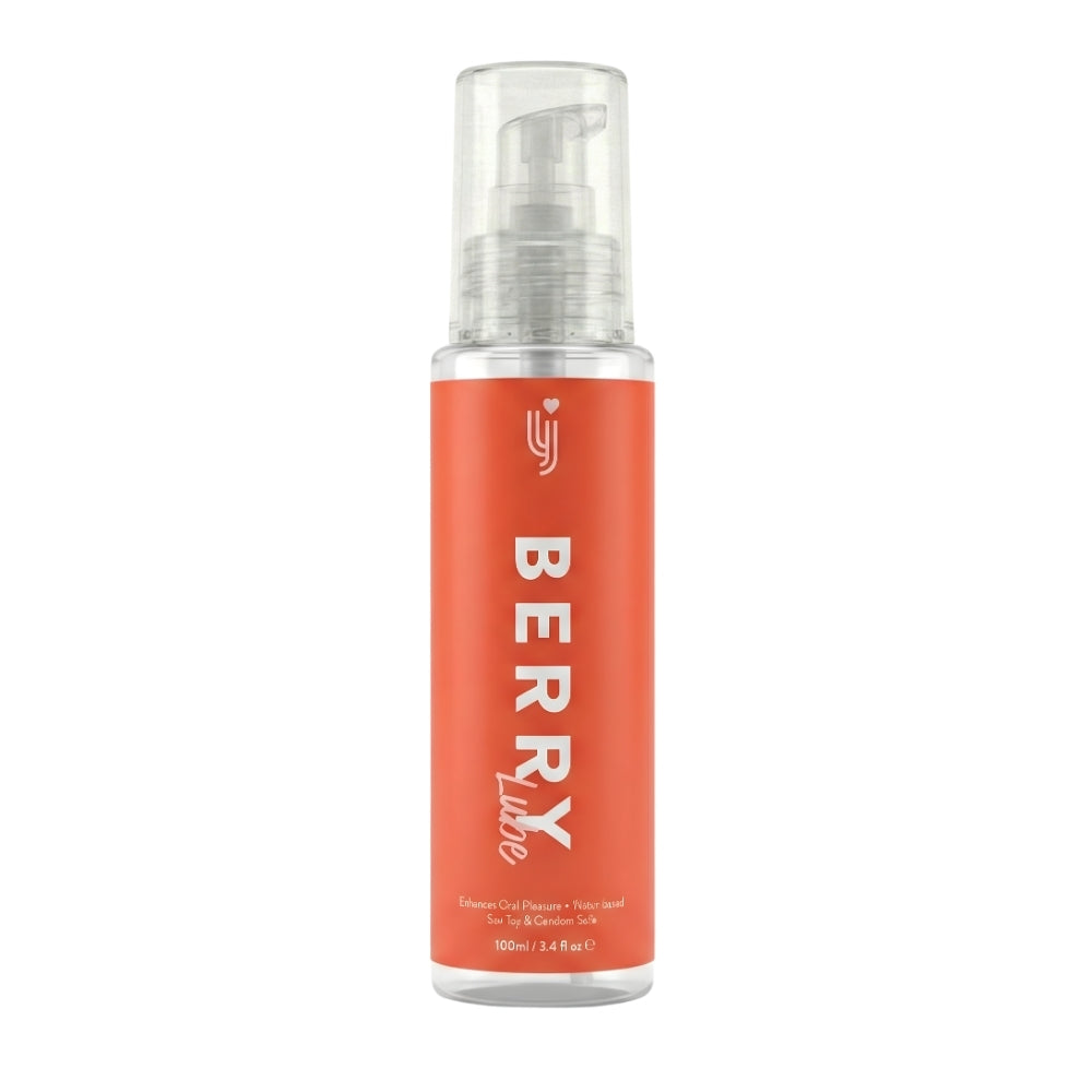 Loving Joy Strawberry Flavored Lubricant 100ml bottle with a clear liquid inside, featuring vibrant strawberry imagery on the label.