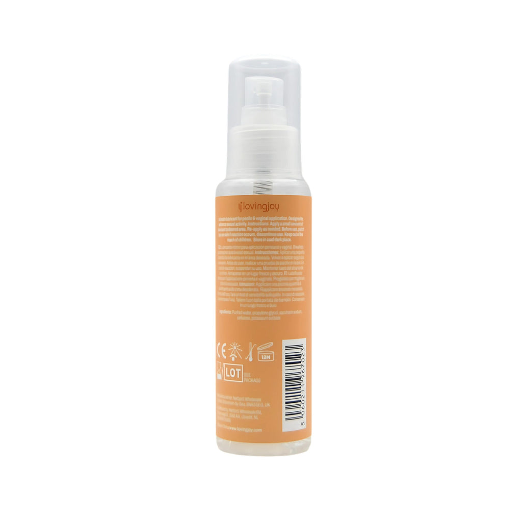Loving Joy Peach Flavored Lubricant 100ml bottle with blue and peach label, displayed upright on a white background.